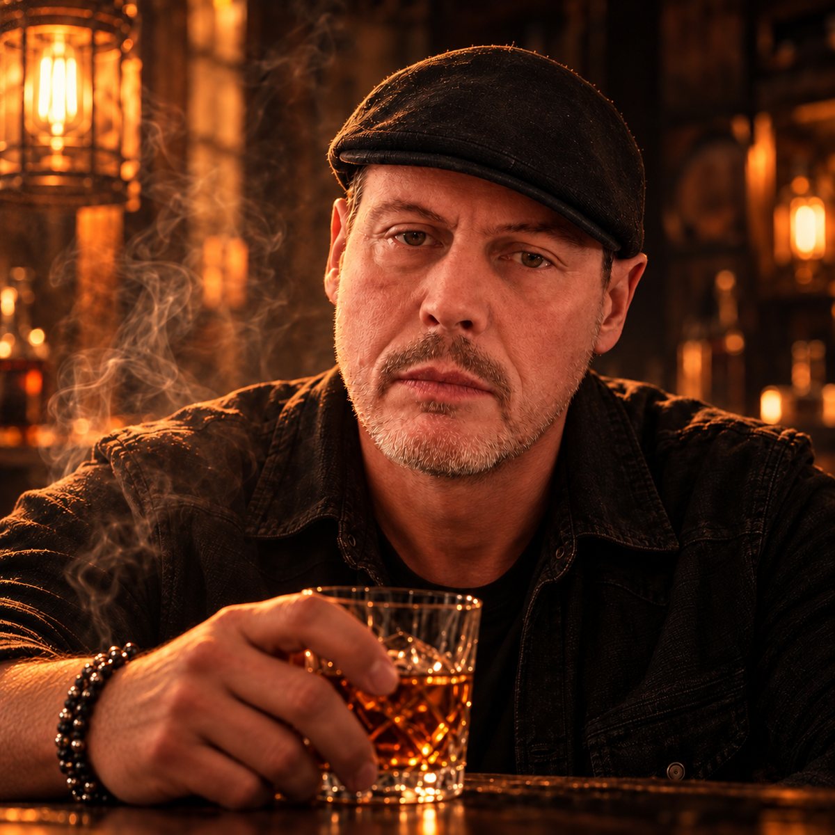 Randy Wayde, wearing a flat cap, at a bar
